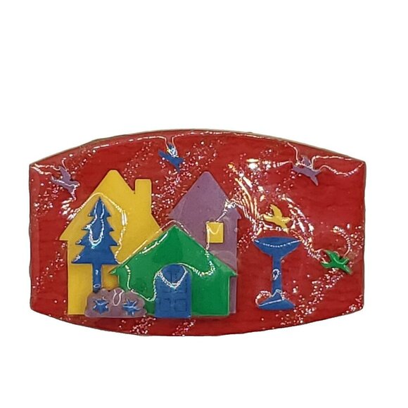 Lucinda House Pin Birds Pine Tree Wine Glass Primary Colors Red Yellow Blue - Picture 1 of 2